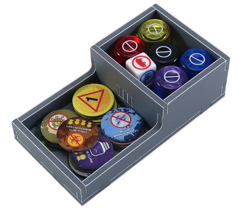 Folded Space insert holding Pandemic game pieces, including cards and tokens