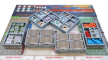 Full layout of Folded Space insert with game elements sorted in trays