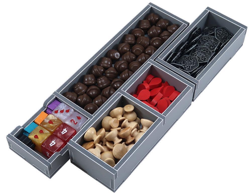 Folded Space Insert for Raiders of Scythia organized with game tokens and dice