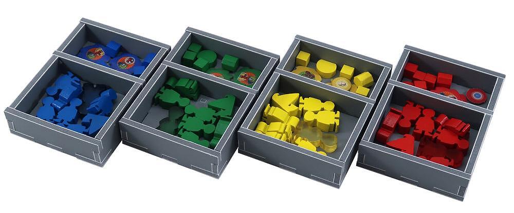 Folded Space organizer with dice and smaller tokens arranged inside for Rajas of the Ganges