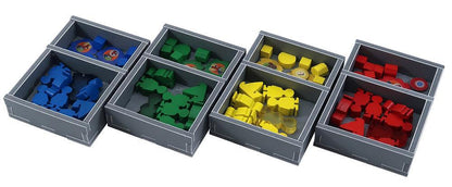 Folded Space organizer with dice and smaller tokens arranged inside for Rajas of the Ganges
