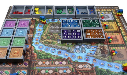 Folded Space organizer from an angled view, illustrating the setup inside the Rajas of the Ganges game box