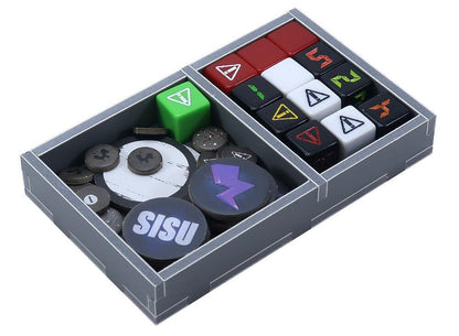 Folded Space Rallyman GT insert featuring multiple compartments with game parts