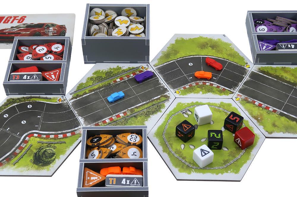 Folded Space organizer insert for Rallyman GT fully loaded with game components