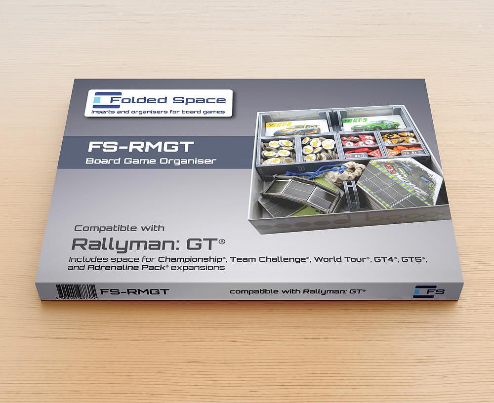 Folded Space game insert organizer holding Rallyman GT components, neatly arranged
