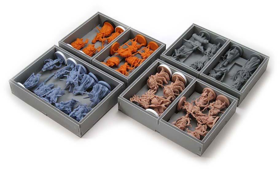 Neatly arranged game components inside Folded Space Rising Sun insert