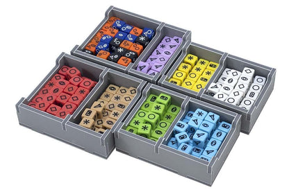 Close-up of Folded Space insert with compartments filled with game tokens and dice