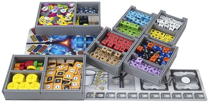 Open game box showcasing fully assembled Folded Space insert for Roll for the Galaxy