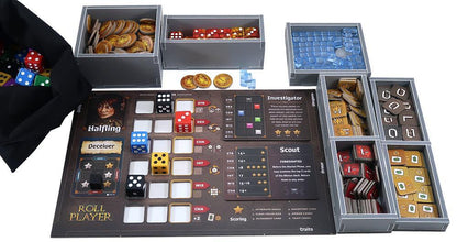 Folded Space Roll Player insert open with game components arranged inside