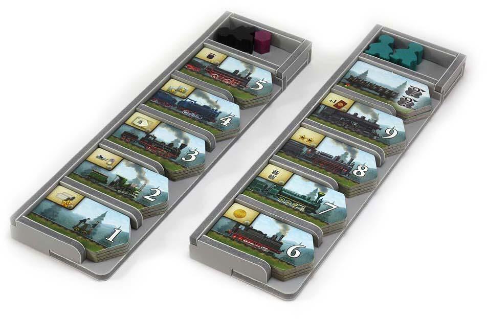 Folded Space insert for Russian Railroads shown inside the game box, highlighting its compact fit