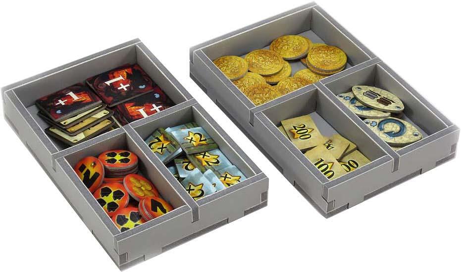 Top-down view of the Folded Space organizer insert fully loaded with cards and tokens for Russian Railroads