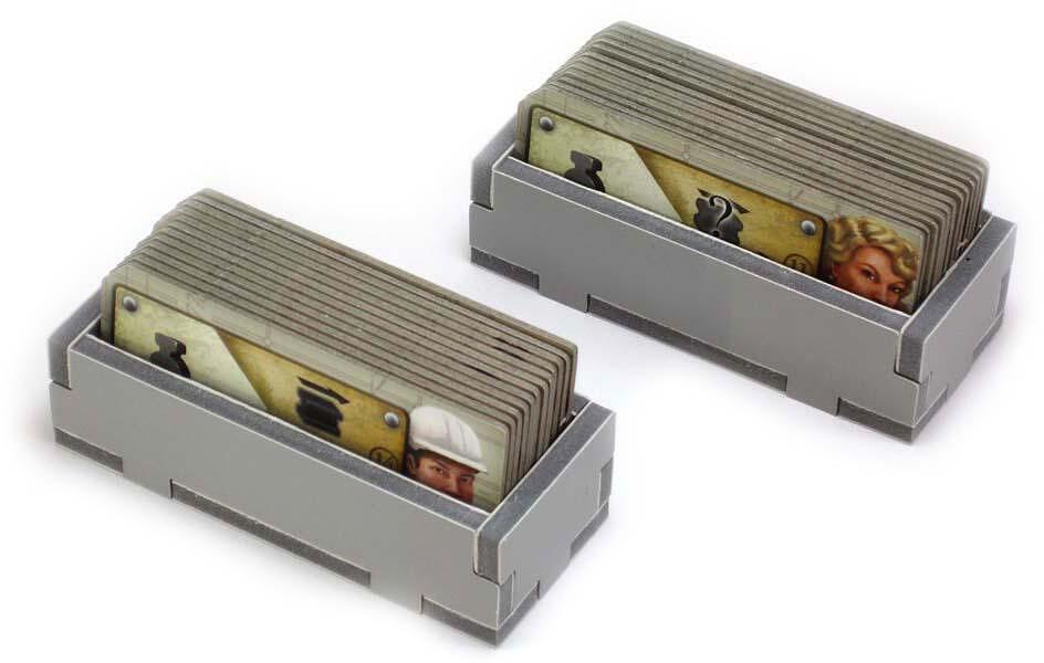 Side view of the Folded Space organizer insert packed with game components for Russian Railroads