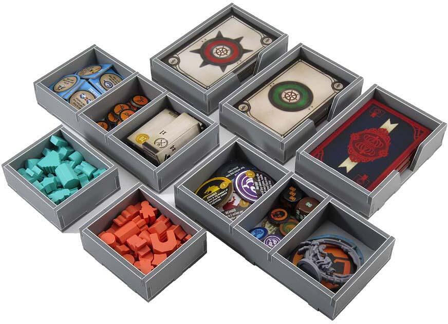 Folded Space organizer insert with compartments filled with Scythe Fenris &amp; Wind Gambit game components