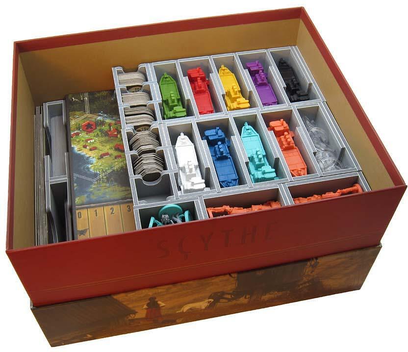 Folded Space game insert for Scythe Fenris &amp; Wind Gambit with cards and tokens arranged in sections