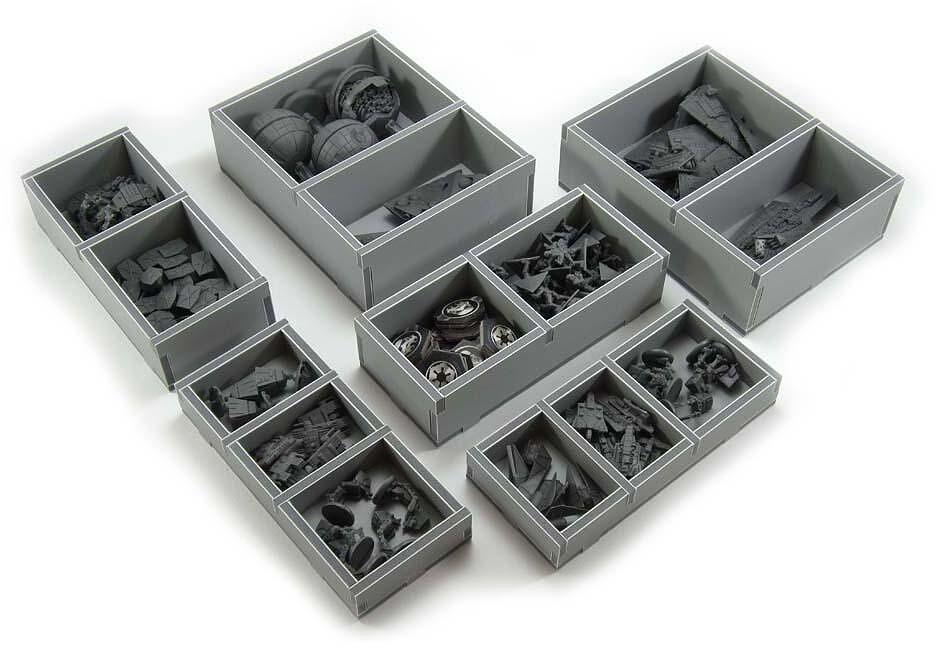 Folded Space Star Wars Rebellion insert organizer, gray sections holding game pieces