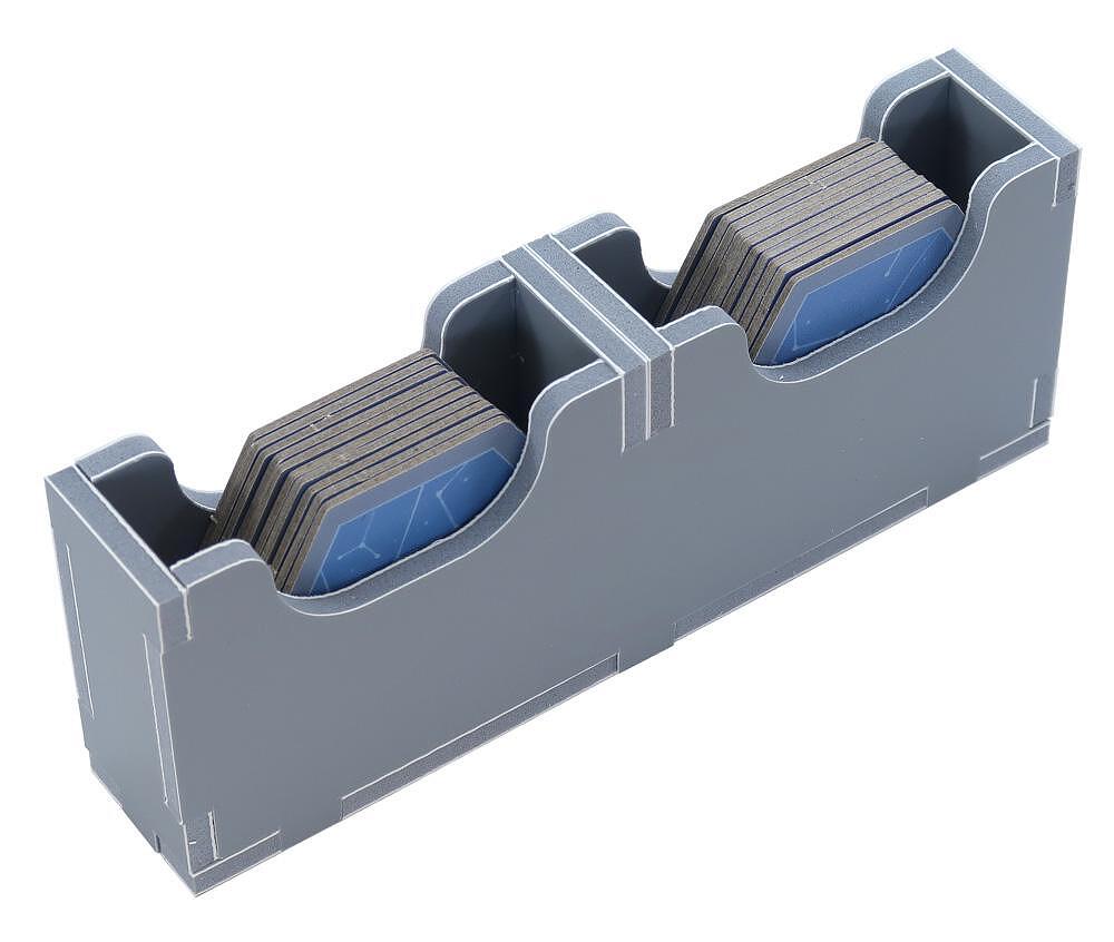 Folded Space organizer for Tapestry showing divided trays for game pieces