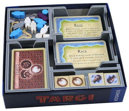 Open game box showing organized inserts for Targi