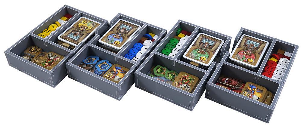 Folded Space - Game Inserts for The Taverns of Tiefenthal close-up showing neatly arranged game pieces in the insert organizer