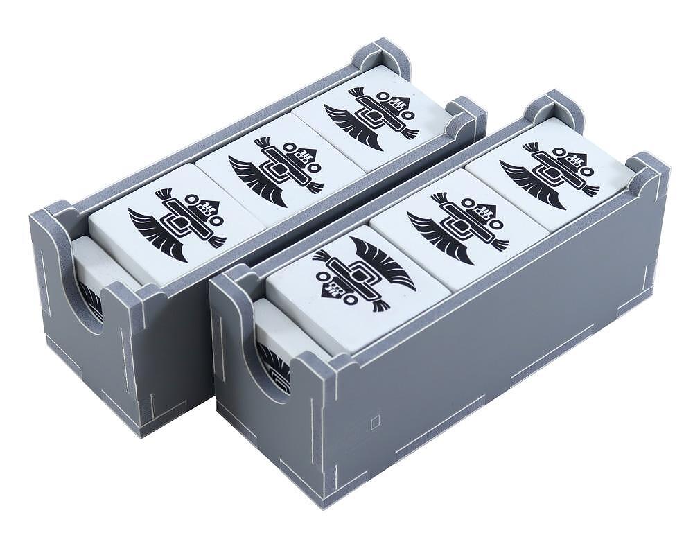Close-up of card and tile trays in Folded Space insert for Teotihuacan
