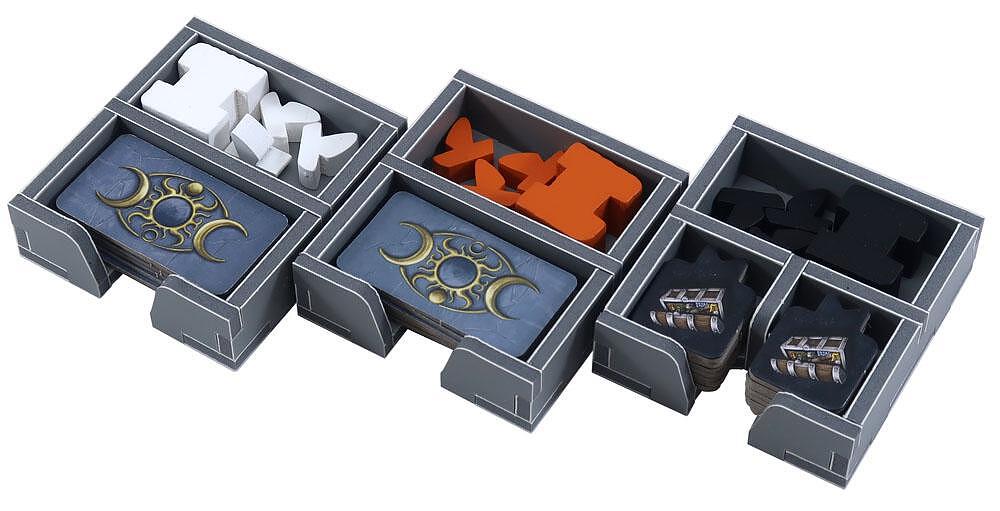 Close-up of folded space insert organizer with game pieces for Terra Mystica: Merchants of the Seas