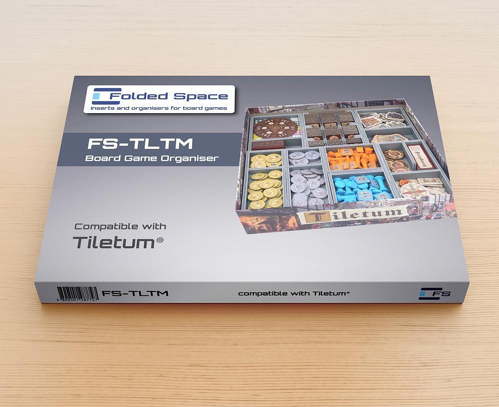 Folded Space insert for Tiletum shown fully assembled with game components