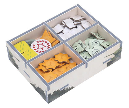 Detailed view of storage trays holding cards and map tiles