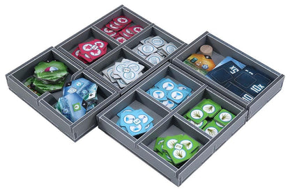 Game components neatly stored in the Folded Space insert for Underwater Cities