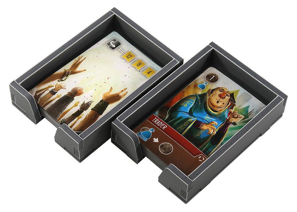 Overhead view of game components sorted in Folded Space insert trays for Viscounts of the West Kingdom