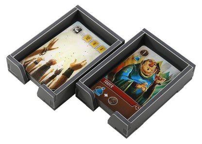 Overhead view of game components sorted in Folded Space insert trays for Viscounts of the West Kingdom