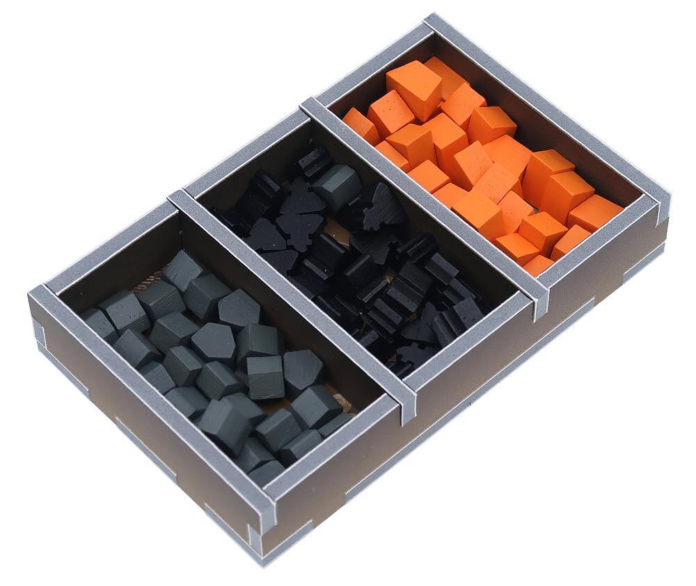Organizer with orange, black, and gray game pieces