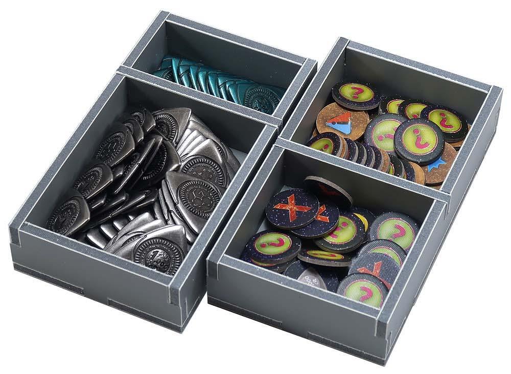 A gray game organizer with four sections: metallic shield &amp; triangular tokens, plus cardboard tokens with question marks &amp; X symbols