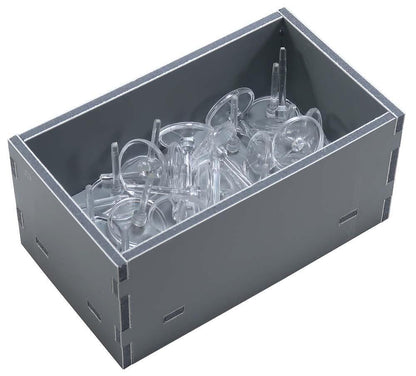 A gray box filled with clear plastic miniature bases