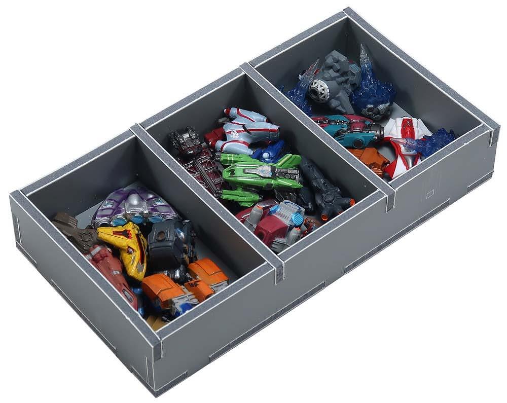 A three-section grey organizer filled with colorful miniature sci-fi figures