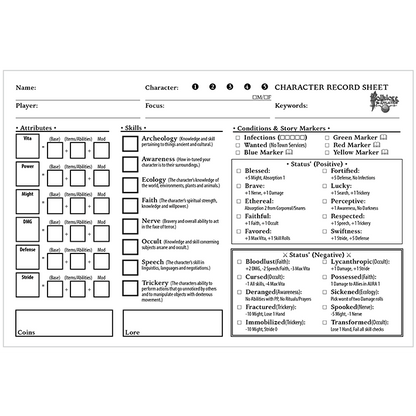 Tabletop RPG character record sheet with sections for attributes, skills, and status conditions.