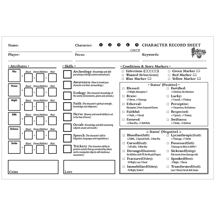 Tabletop RPG character record sheet with sections for attributes, skills, and status conditions.