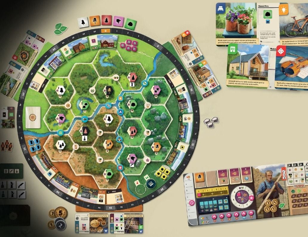 Overhead view of a circular hexagonal map board game with cards, tokens, and a player mat