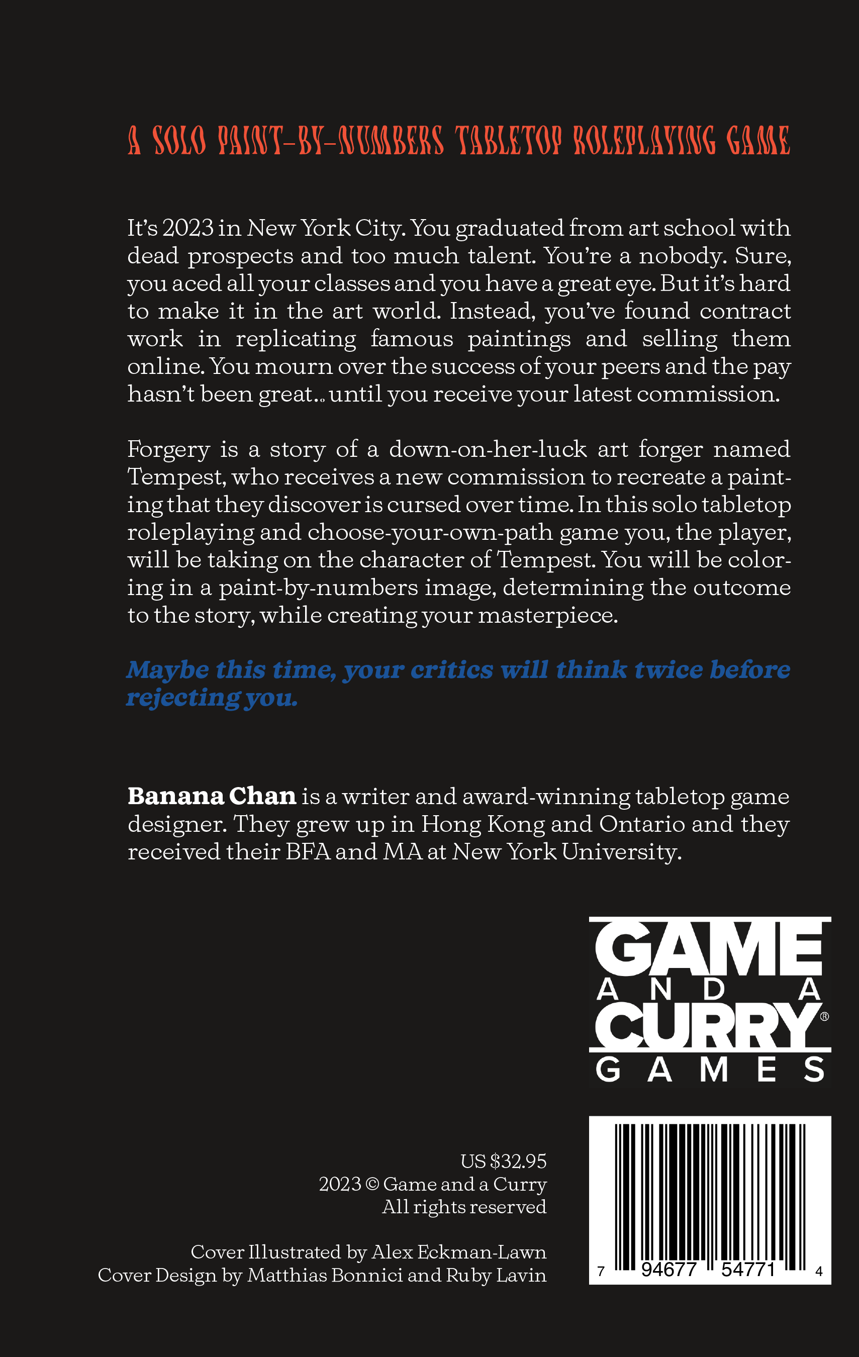 Back cover for "Forgery," a solo paint-by-numbers tabletop roleplaying game, showing description, price, and barcode.