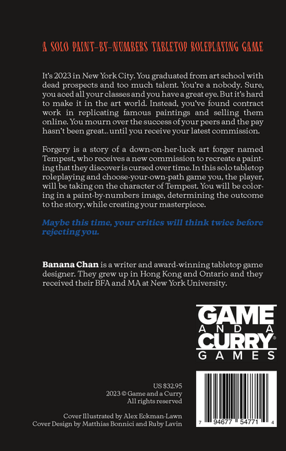 Back cover for "Forgery," a solo paint-by-numbers tabletop roleplaying game, showing description, price, and barcode.