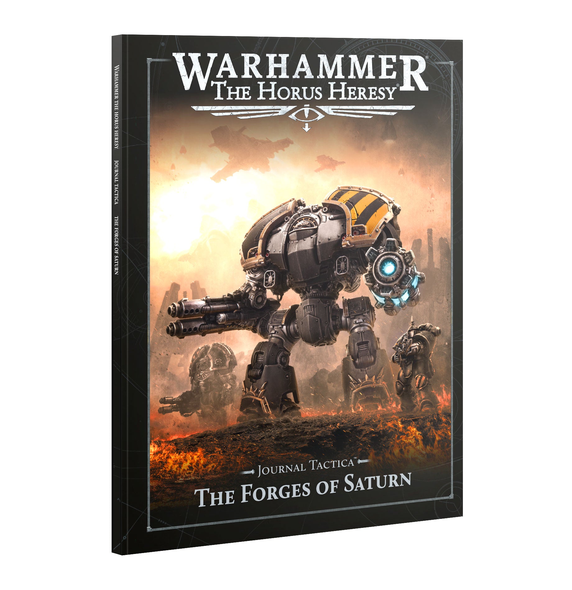 Warhammer Horus Heresy book cover: A large Contemptor Dreadnought stands over burning ground during battle