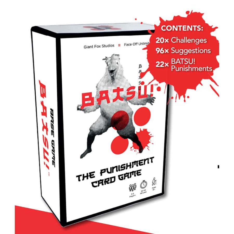 BATSU! The Punishment Card Game box. A white ape-like creature with red circles and splatters. A red burst lists game contents