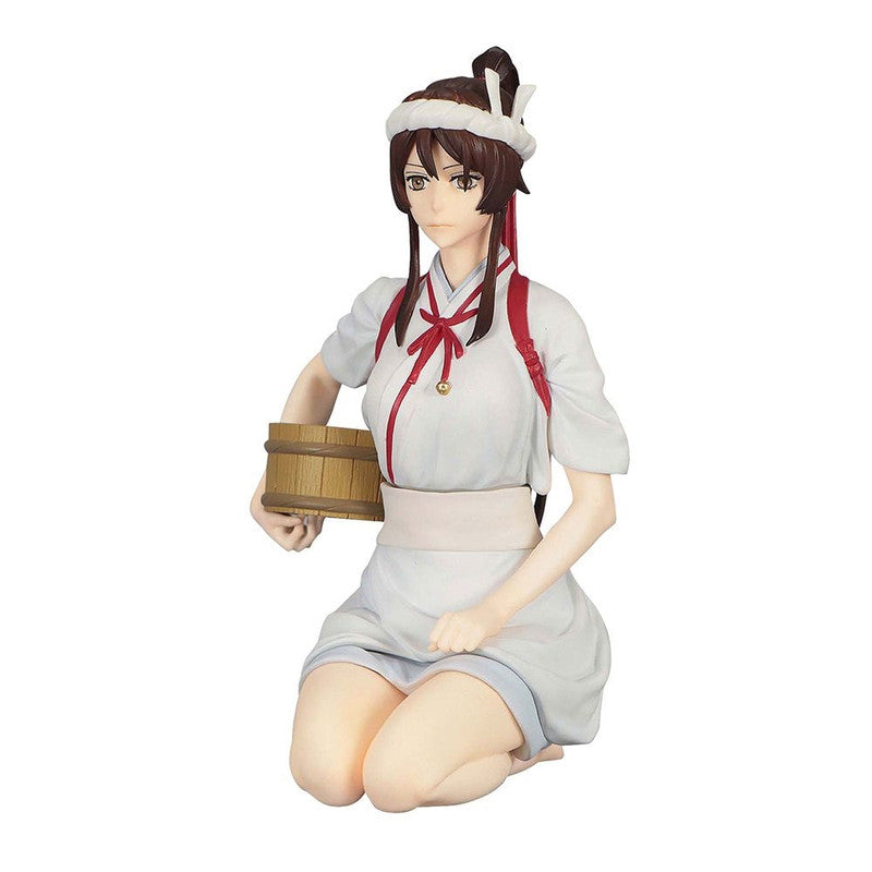 Anime action figure of a woman kneeling wearing a white dress and a white headband holding a wooden bucket