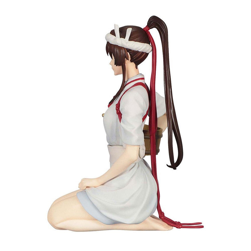 Anime figure of a kneeling woman with dark hair in a ponytail wearing a white outfit with red accents