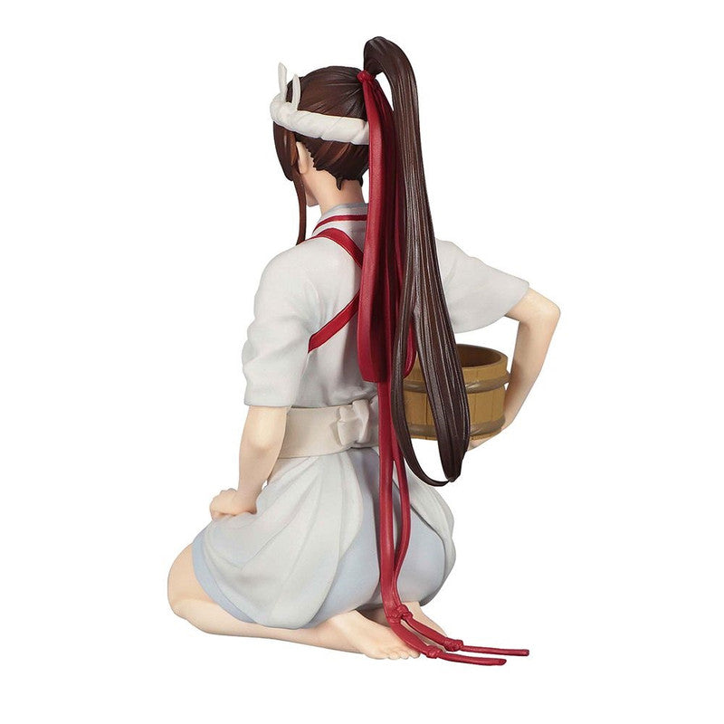Japanese anime figure kneeling wearing a white robe with red accents and holding a wooden bucket