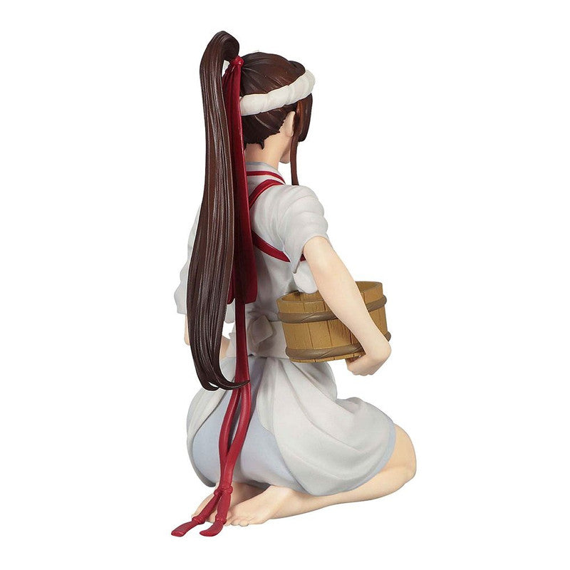 Anime figure of a woman in a white robe and red accents kneeling while holding a wooden bucket