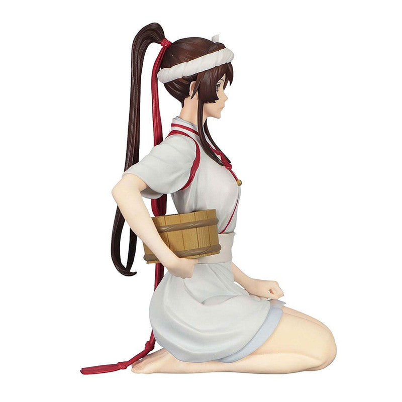 Figurine of an anime character kneeling holding a wooden pail wearing a white tunic with red trim and hair ornament