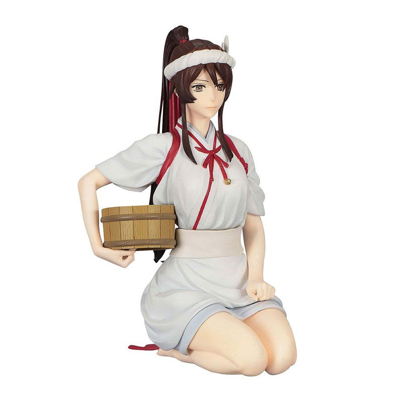 Anime figure of woman kneeling holding a wooden bucket wearing a white tunic with red cords and a white head wrap