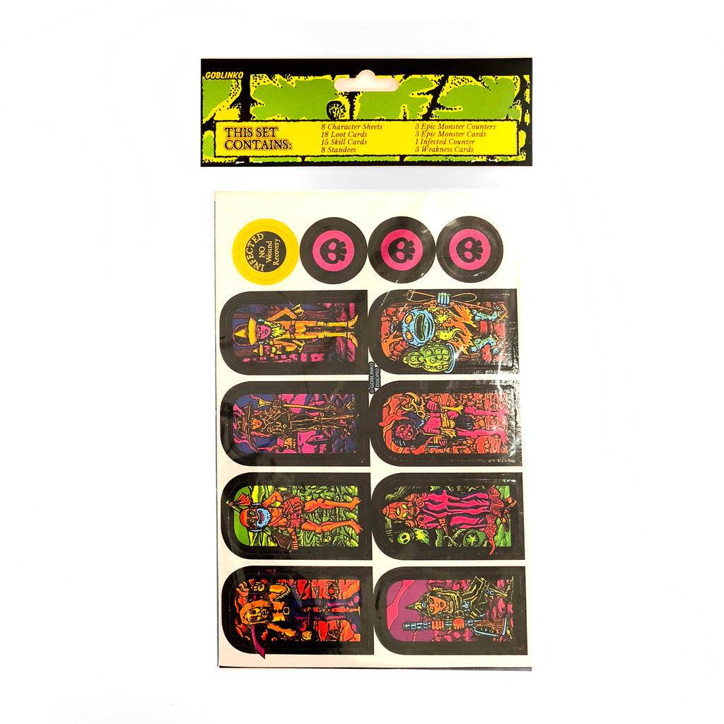 GOBLINKO game set: header lists contents above a sheet of colorful, punch-out tokens featuring stylized monster artwork
