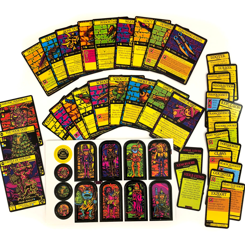 Colorful, dark fantasy game cards, tokens, and arched character pieces spread on a white background. Fanned-out cards show creatures
