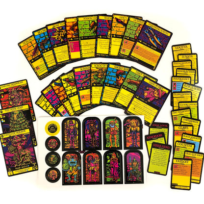 Colorful, dark fantasy game cards, tokens, and arched character pieces spread on a white background. Fanned-out cards show creatures