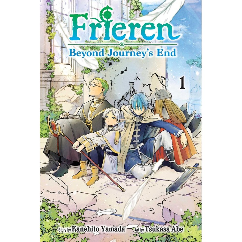 Manga cover: Elf Frieren and her three companions sit on broken stones in a ruined setting
